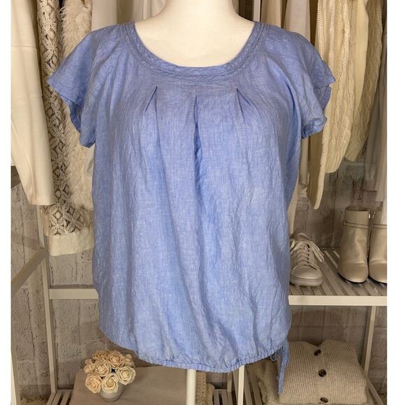 Lands' End Tops - Lands End Women's Size L Blue 100% Linen Drawstring Waist Blouse #0439